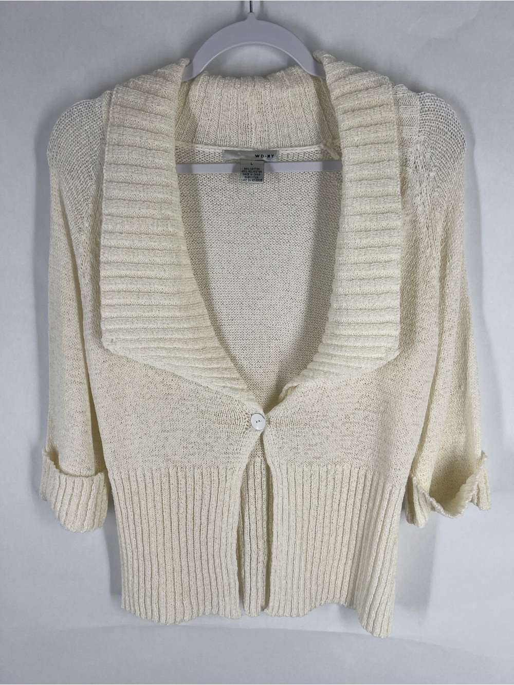 WD-NY Ivory Open Knit Cotton Blend Shawl Collar Cardigan Size L